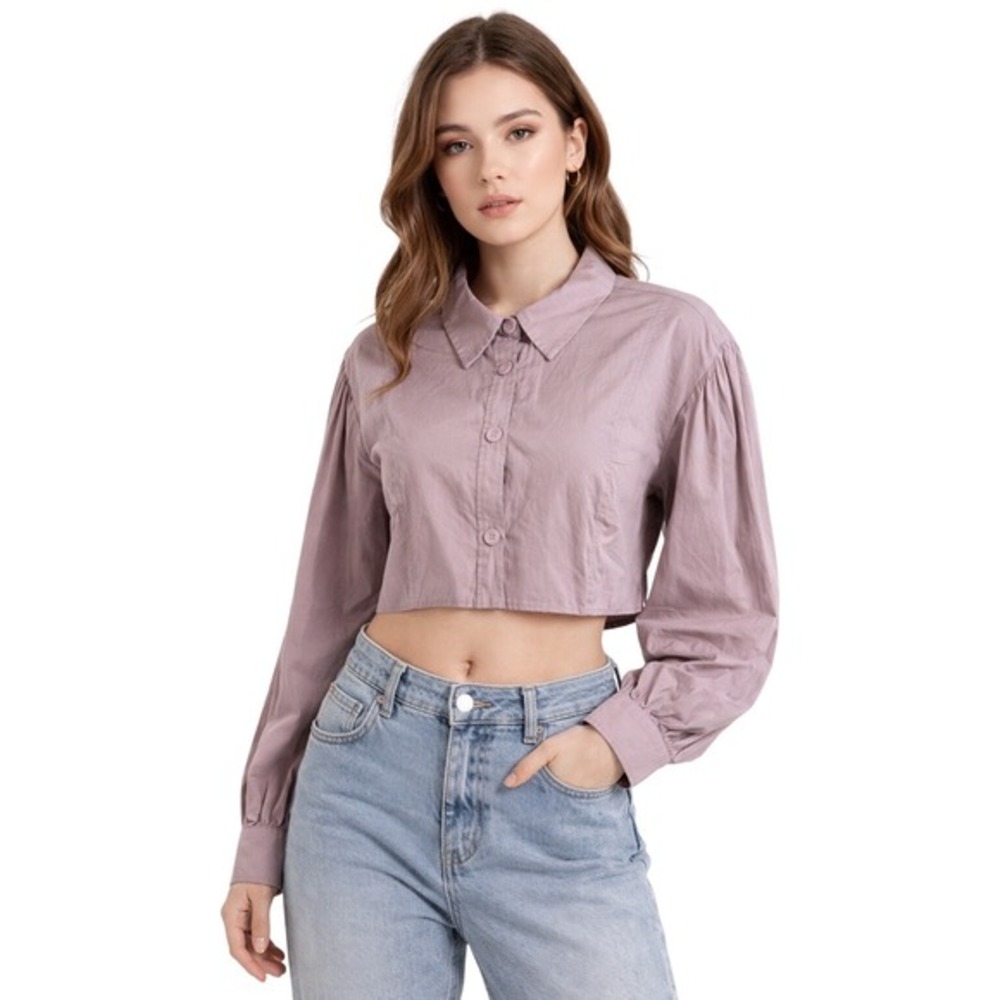 ZARA Cropped Button Up Shirt Puff Sleeve Lilac Purple L Y2K Streetwear 84-03